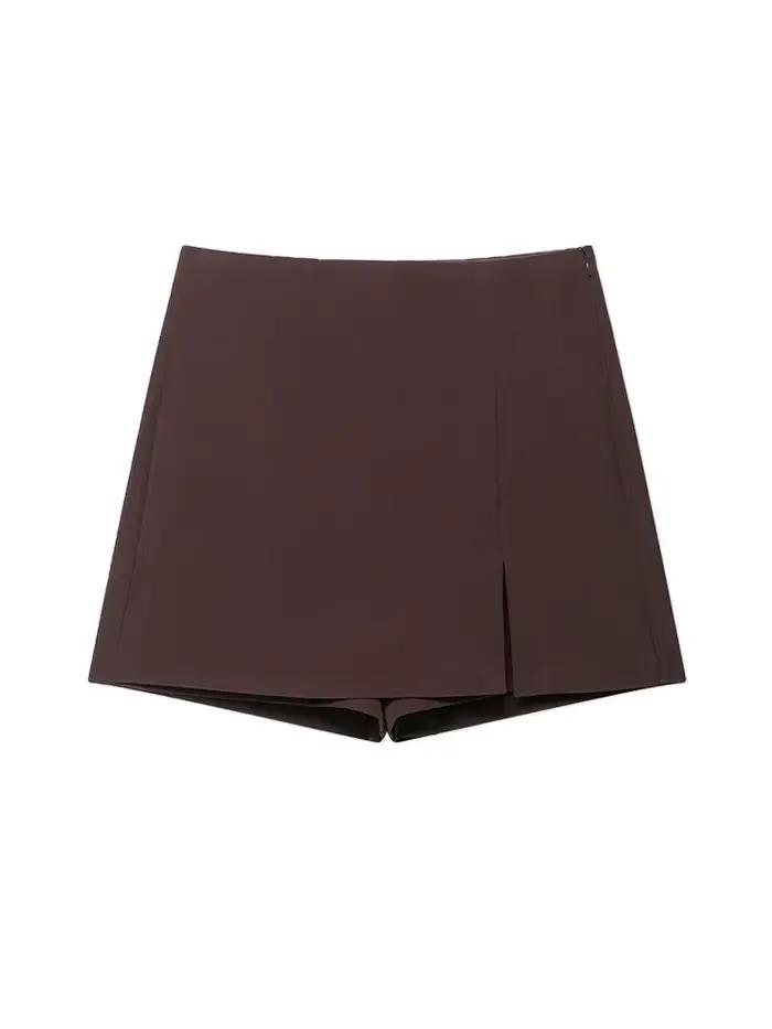 Jupe-short taille haute pour femme avec fente avant et fermeture éclair latérale, polyester tissé, disponible en plusieurs couleurs et tailles pour toutes les saisons