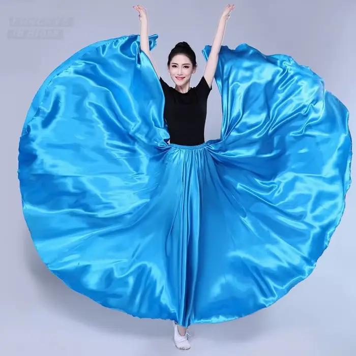 Jupe longue de danse gitane pour femmes, couleur unie, violet, or, en Satin, Yi et Uyghur, Costumes de danse tibétaine