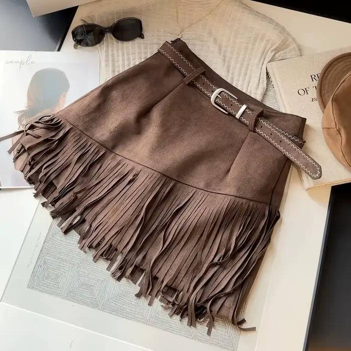 Jupe en daim à franges pour femme, nouvelle collection automne, style rétro, taille haute, coupe trapèze, style Spice Girl
