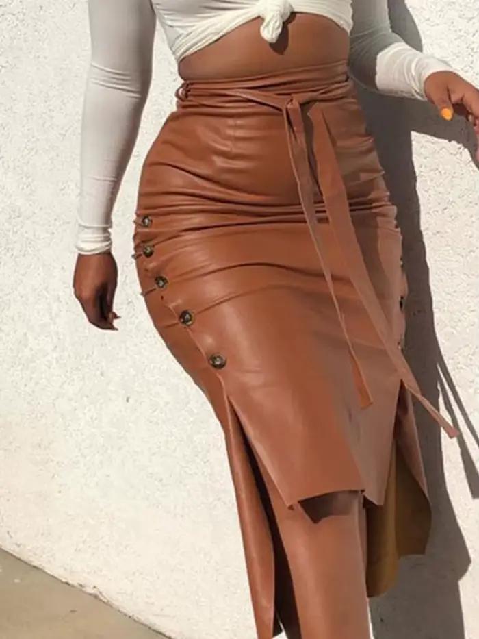 Jupe mi-longue en cuir PU pour femmes