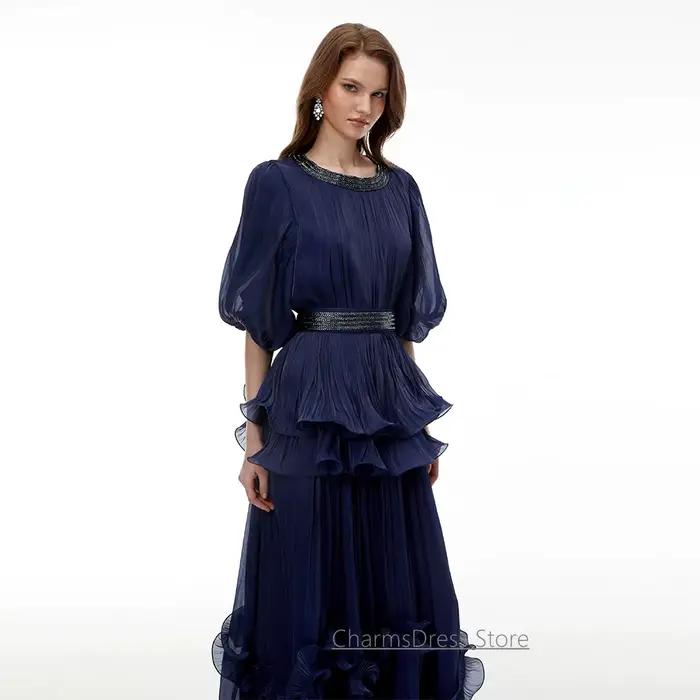 Robe de soirée marine personnalisée, col rond, manches bouffantes, perles, volants, plissée, coupe trapèze, longueur cheville, pour bal de promo