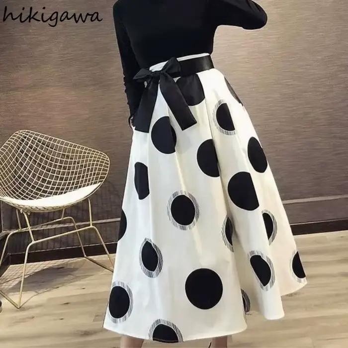 Jupes élégantes à pois pour femmes 2025 Faldas Mujer De Moda taille haute bandeau nœud Jupe été Saia coréen grande