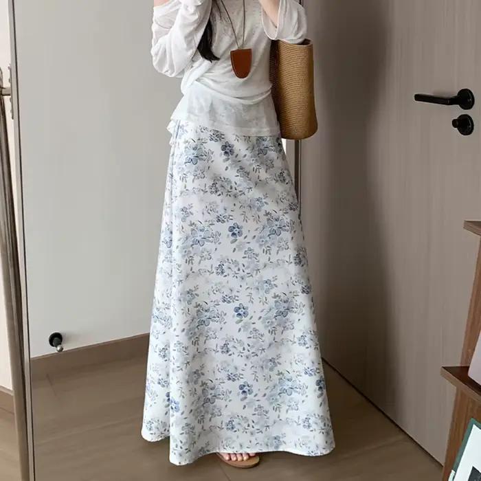 Nouvelle jupe longue évasée à motifs floraux RASEKON pour femme, chic des prairies, polyester tricoté, printemps-été, longueur au sol, coupe ajustée, taille haute, blanc, jaune, noir