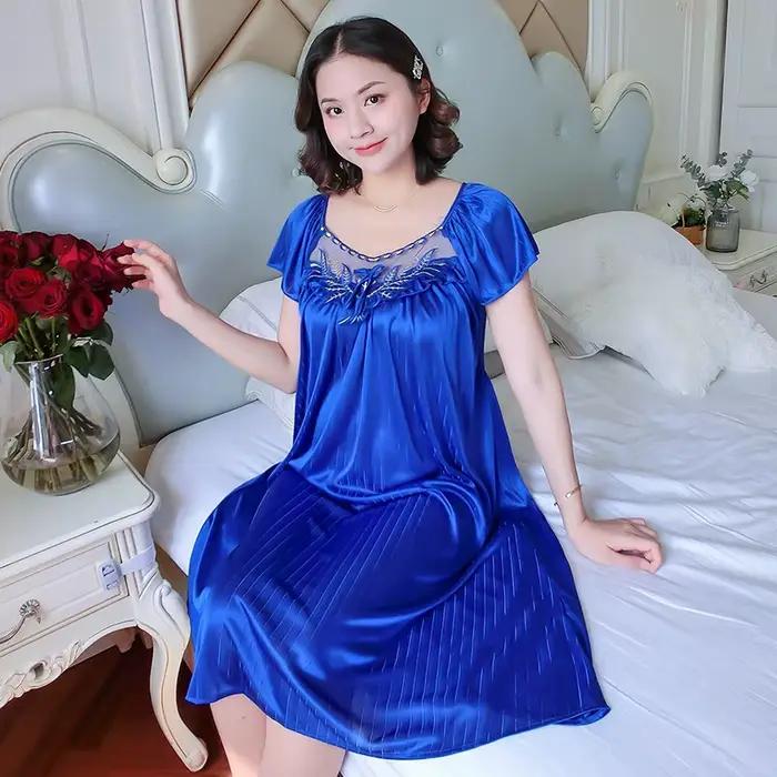Dames glace soie chemises de nuit robe de nuit longueur moyenne à manches courtes chemise de nuit vêtements de nuit sexy vêtements de maison vêtements de détente pyjama Femme