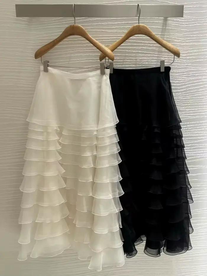 Jupe trapèze asymétrique taille haute pour femme en soie à volants