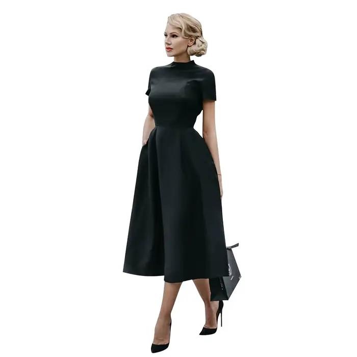 Robe mi-longue noire élégante pour femme, col mi-haut, taille haute, robes trapèze, coupe couvertes, femme de bureau, monochromatique, robe éducative