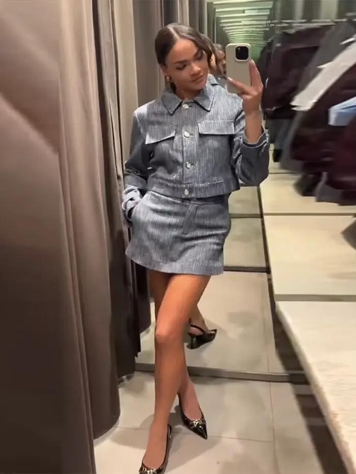 Ensemble coordonné pour femmes : veste courte boutonnée en jean et mini-jupe taille haute – Tenue décontractée pour le bureau, printemps-été