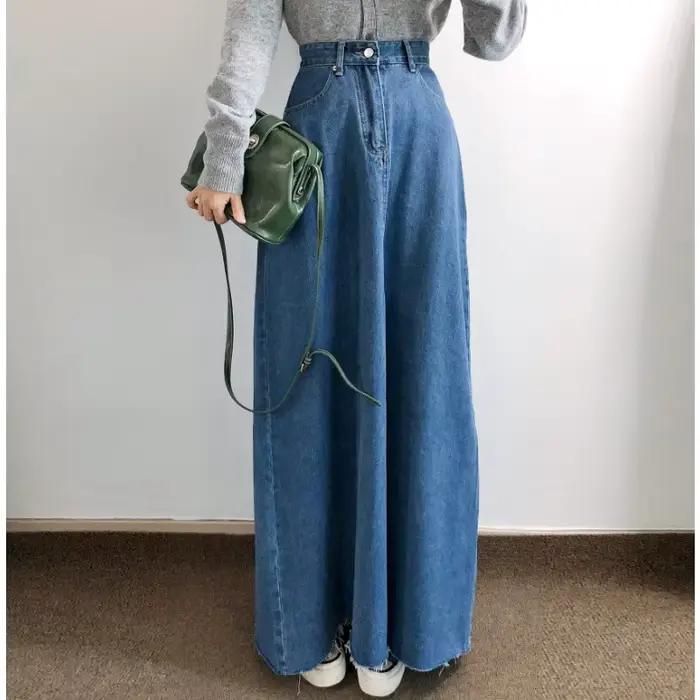 Taille haute fente Denim a-ligne jupe femmes mi-longue jupes Vintage Jean fermeture éclair boutons grand ourlet lavé effiloché coréen Harajuku