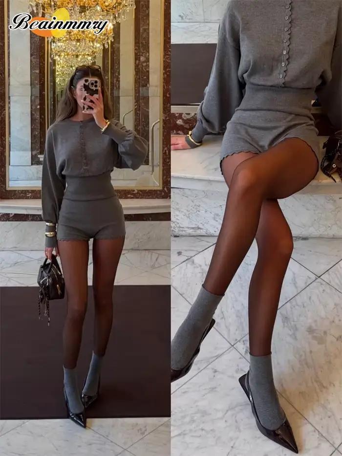 Ensemble deux pièces côtelé ajusté gris en maille