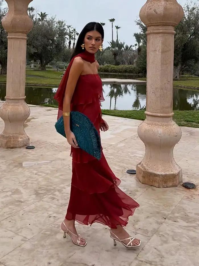 Robes longues sans bretelles à volants en cascade pour femmes