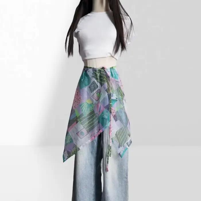 Jupe longue en dentelle taille haute transparente Y2K Streetwear avec cordon de serrage