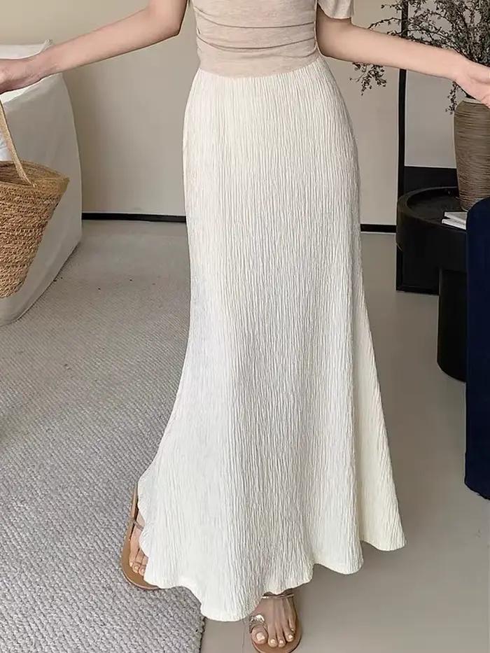 Jupe Femme Blanche Taille Élastique Lin Midi Élégante Formelle Confortable pour le Quotidien Coupe Évasée Nouvelle Collection Printemps 2026 Mode Féminine