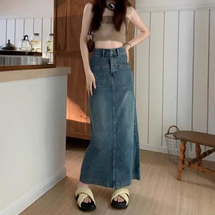Jupe en jean droite rétro bleue pour femme