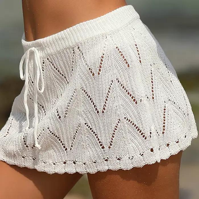 Femmes Crochet plage Bikini couvrir jupes été cordon taille haute tricoté Mini