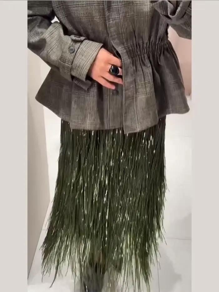 Jupe mi-longue à franges et paillettes vert Olive pour femmes, jupe de soirée à franges scintillantes pour soirée, Clubwear, Festival 2025, nouvelles jupes Sexy pour dames
