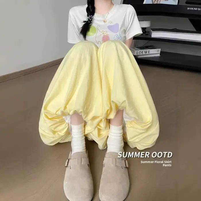 Pantalon Jupe Plissé Jaune Femme Nouvelle Collection Été Taille Haute Ample Amincissant Fluide Décontracté Jambe Large