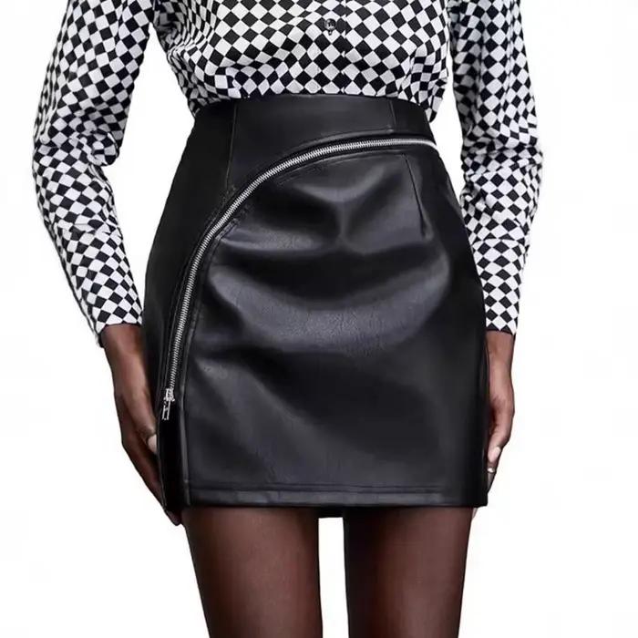 Mini-jupe tendance taille haute avec fermeture éclair et fente pour femme