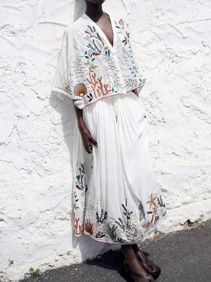 Jupe Longue Brodée à Taille Moyenne pour Femme, Inspiration Boho, Nouvelle Collection d'Été