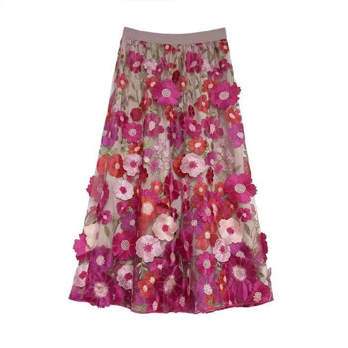 Jupe élégante en tulle brodé polyester avec coupe trapèze et motif floral 3D pour femmes pour les saisons printemps été occasions spéciales