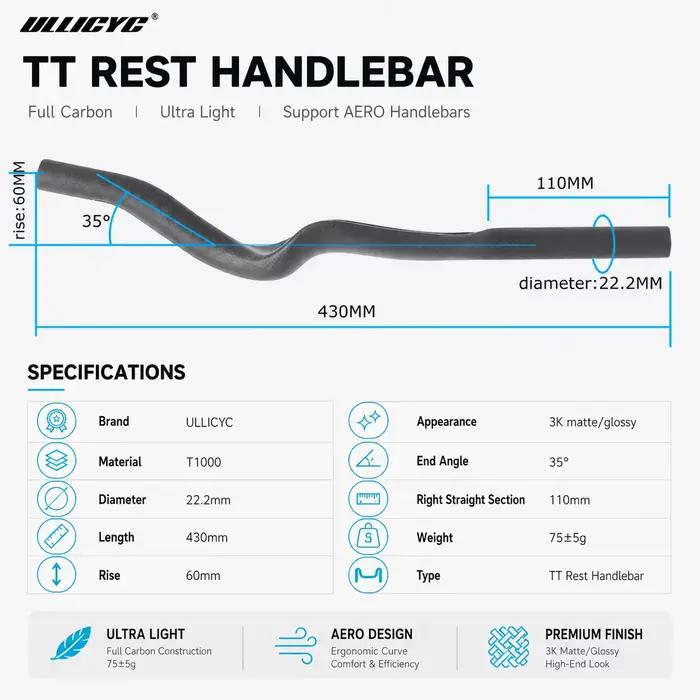ULLICYC vélo de route Triathlon temps d'essai, repose-vélo entièrement en carbone mat/brillant 3K guidon TT 35 °   Pour guidon d'extension Aero