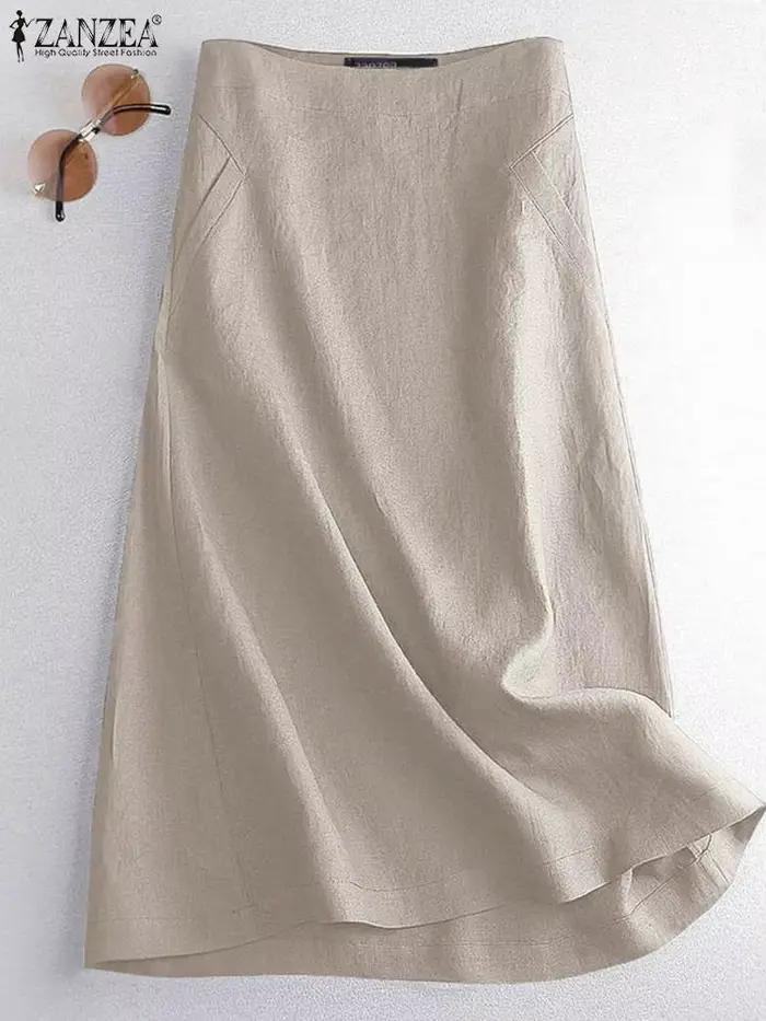 Jupe ample femme ZANZEA couleur unie coton mi-mollet ajustement lâche décontracté vintage mode occasions diverses