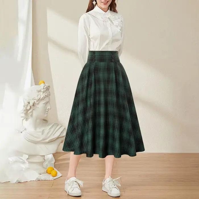 Jupe midi à imprimé écossais pour femmes, style rétro, coupe trapèze, effet amincissant, automne hiver, sortie nocturne