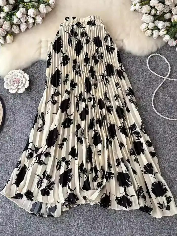 Jupes plissées en mousseline de soie pour femmes, imprimé floral, mode Vintage, couleur trapèze, vêtements de transport assortis avec tout, printemps été