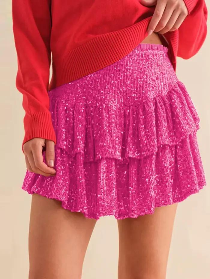 Nouvelle jupe courte plissée unie à sequins et perles pour femme 2026