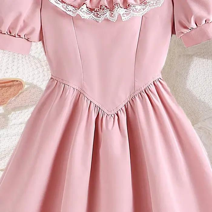 Robe jupe longue rose douce et élégante pour filles de 8 à 12 ans, col carré, manches bulles, robe de soirée de princesse en dentelle, été