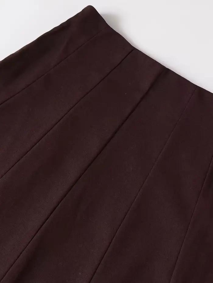 Jupe mi-longue plissée marron taille haute pour femmes, avec fermeture éclair latérale, pour une mode élégante