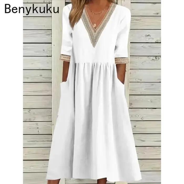 Robe mi-longue décontractée chic vintage en coton et lin à col en V et manches courtes pour femme – Nouvelle collection été 2026