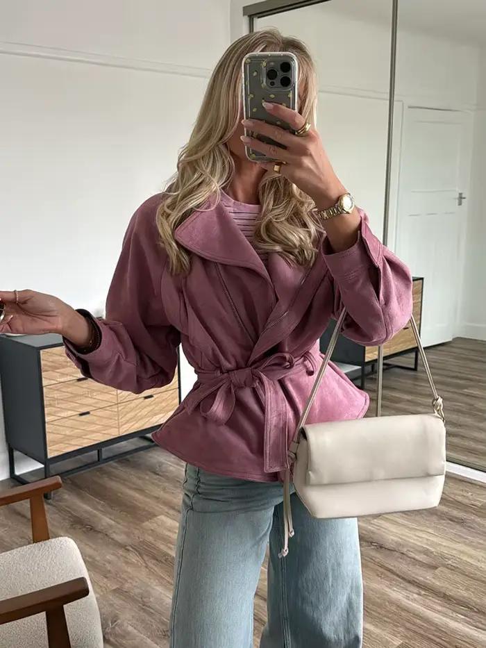 Ensemble jupe et veste courte asymétrique à fermeture éclair et ceinture pour femme HH