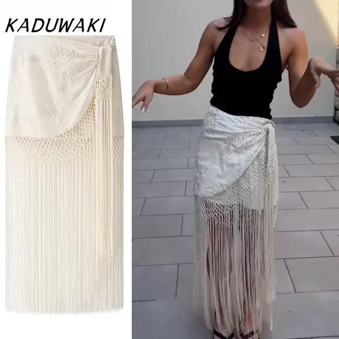 Jupe Kaduwaki Boho chic en polyester et viscose, longueur cheville, détails en dentelle, pour femmes, festivals de musique, sorties estivales et occasions spéciales ```