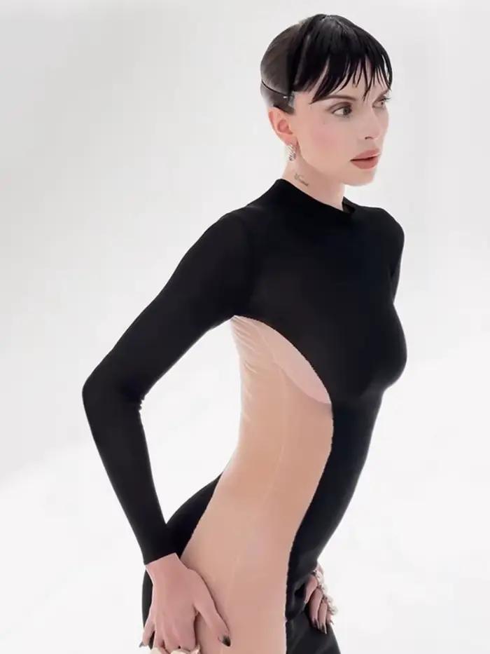 Robe transparente noire pour femme, pull long tambour, vêtements slim, streetwear sexy, patchwork en maille, robe éducative, automne