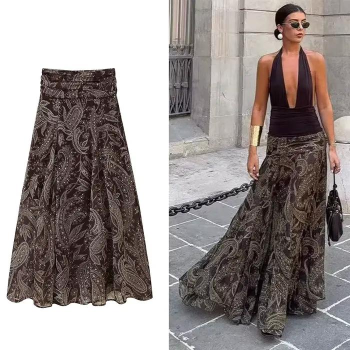 Jupe longue plissée à volants pour femmes, style vintage chic, décontractée, polyester, coupe régulière, longueur cheville, pour soirées et occasions spéciales