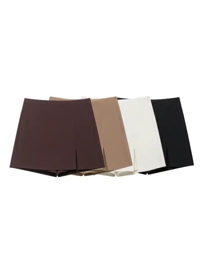 Jupe-short taille haute pour femme avec fente avant et fermeture éclair latérale
