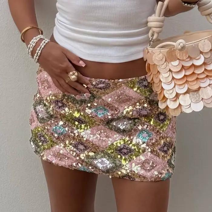 TRAUXY Sexy paillettes scintillantes Mini jupe femmes élégantes taille basse jupes droites