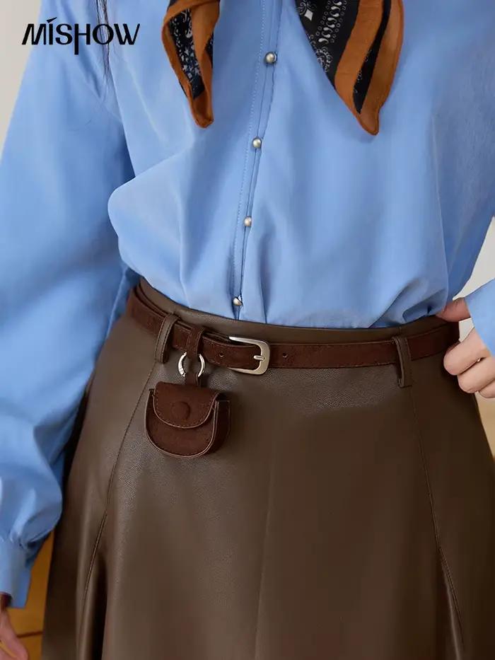 Jupe en cuir PU élégante pour femmes, style rétro, couleur café, mi-mollet, coupe régulière, automne-hiver, MISHOW