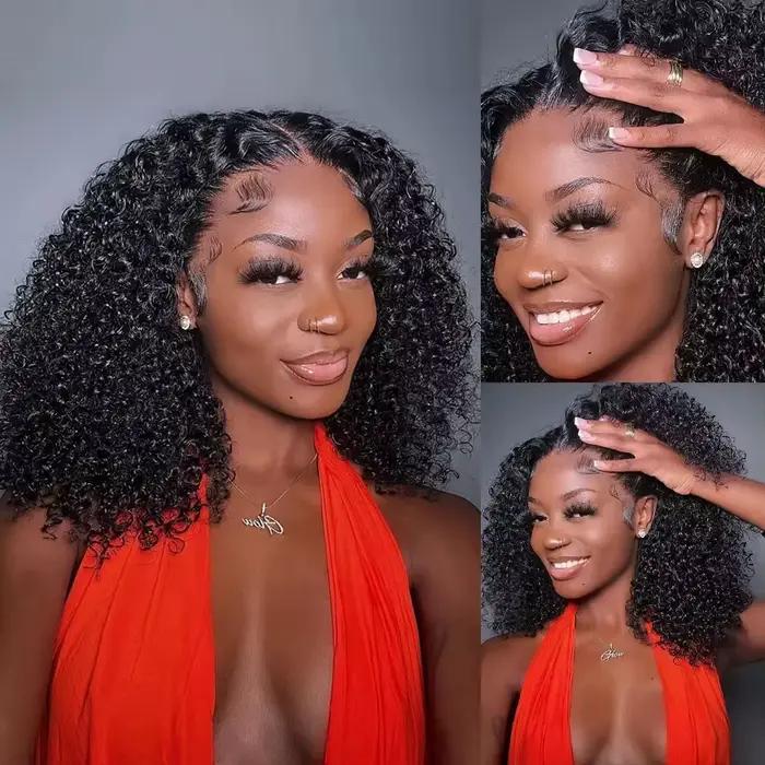 Perruque synthétique courte bouclée style bob, 13x4 HD, avec dentelle frontale complète, pré-épilée, nœuds blanchis, sans colle, pour femmes noires