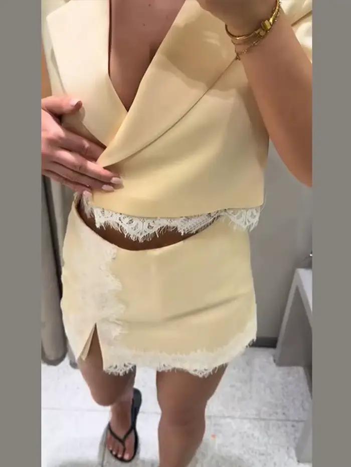 Nouveaux ensembles jupe et manteau pour femme, avec empiècements en dentelle, col à revers, manches courtes, patte de boutonnage latérale, manteaux courts et jupes mini évasées, tenues chic pour le bu