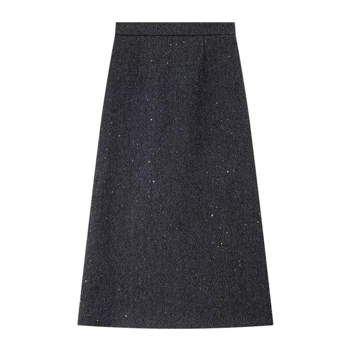 Jupe simple VIMLY pour femme, collection Printemps-Automne 2026, gris, paillettes fines, décontractée, taille élastique, coupe trapèze, longueur midi, vêtements féminins A3509