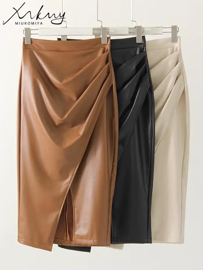 Jupe Fendue en Cuir PU Noir pour Femme