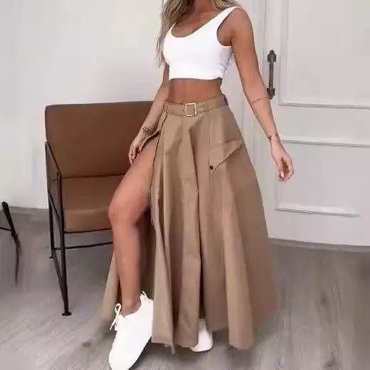 Jupe Longue de Couleur Unie avec Poches Avant et Fermeture Éclair pour Femme