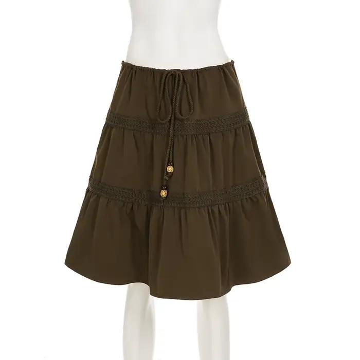 SUCHCUTE Vintage a-ligne perlée cravate-taille tissé jupe pour femme Chic marron dentelle conception mince mi-longue