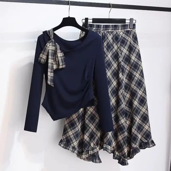 Ensemble jupe mi-longue en mousseline à carreaux tendance avec manches longues asymétriques, nouvelle robe fine printemps 2026 pour femme, élégante et polyvalente