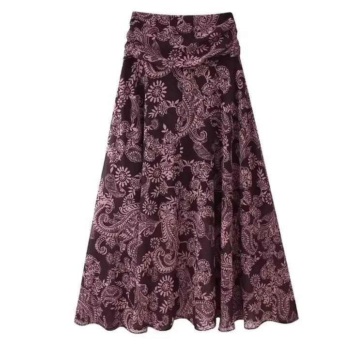 Jupe évasée imprimée à la mode pour femmes, jupe taille haute à imprimé Paisley, jupe longue fluide, style bohème décontracté pour femmes PVCK