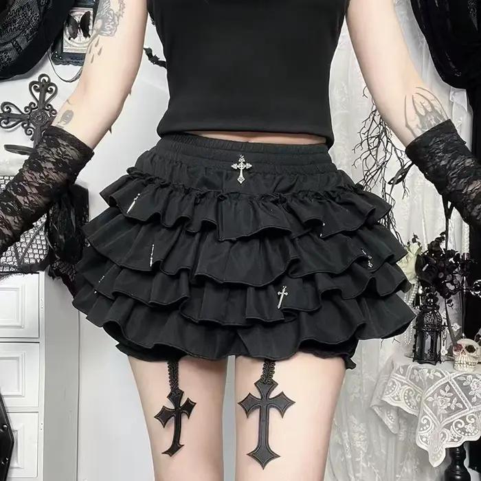 Jupes pour femmes, jupe courte à volants superposés avec breloques croisées, short intégré, jupe-short kawaii, style gothique punk coquette Y2K E-girl