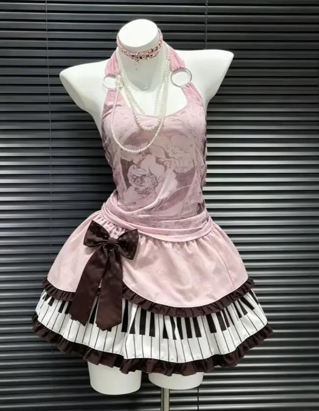 Jupe Courte Élégante Française 2026 Y2K Imprimé Piano Volants Dentelle Mini