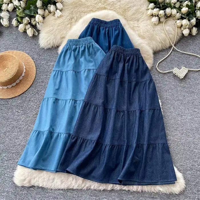 Jupe longue en jean décontractée avec volants superposés pour femme style vintage pour plage et quotidien