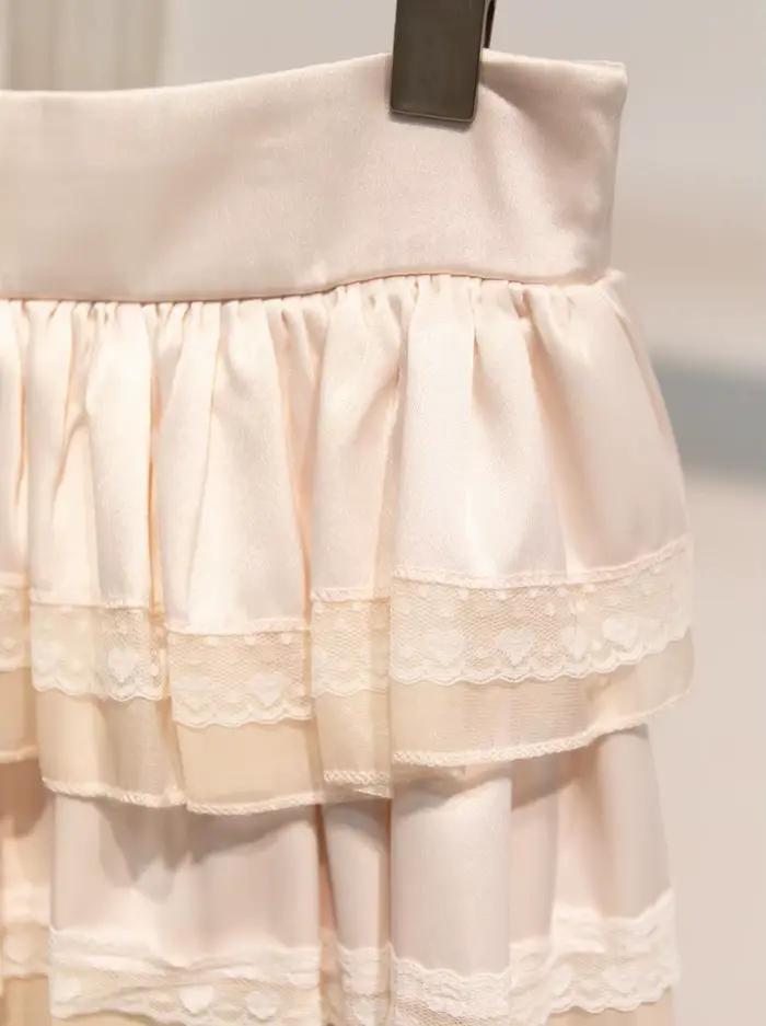 Rose dentelle garniture volants a-ligne jupes femmes été nouveau coton élastique taille haute courte Faldas doux Preppy Style mignon Mini jupe
